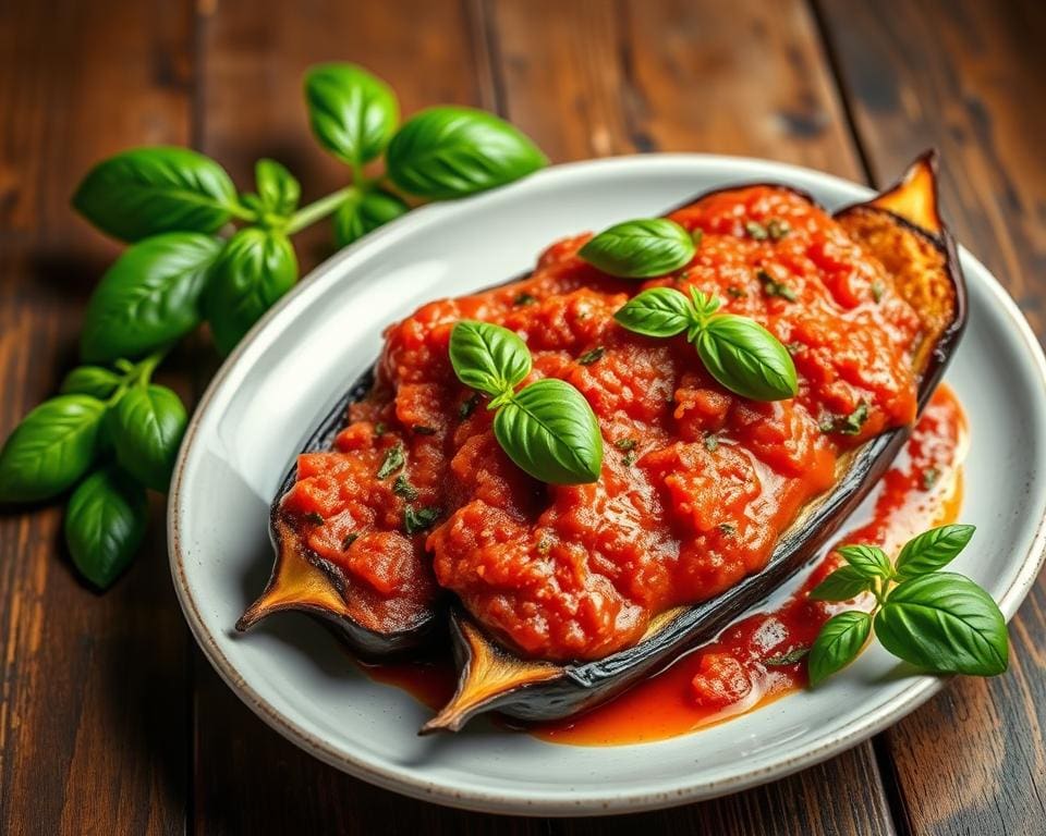 Aubergineschotel met tomatensaus en basilicum