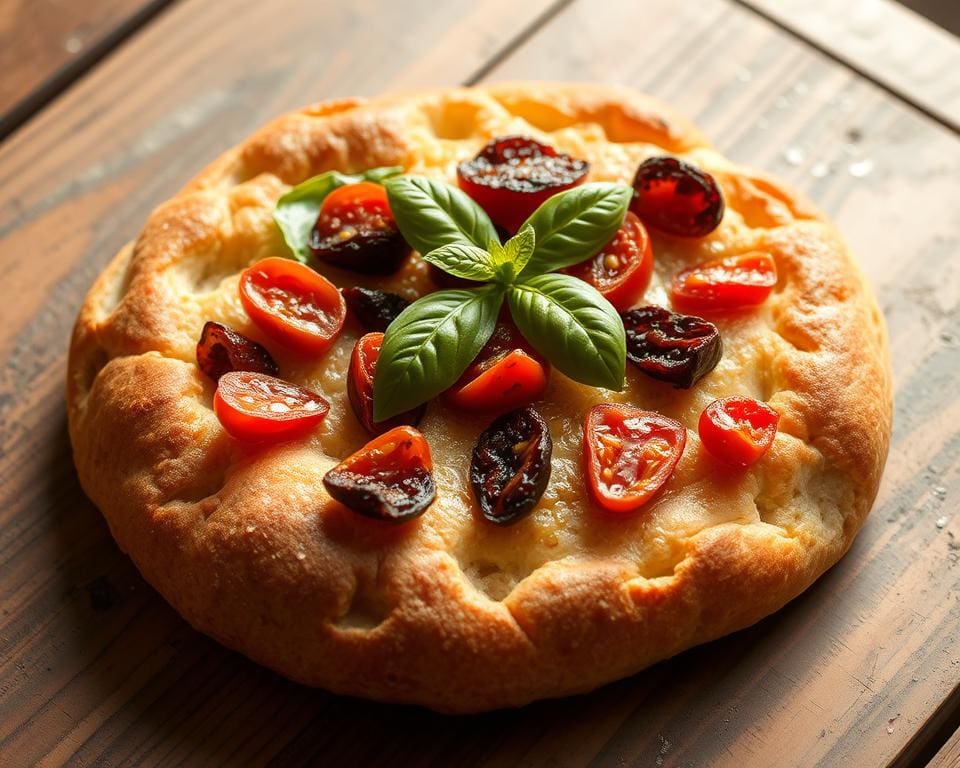 Focaccia met zongedroogde tomaten en basilicum