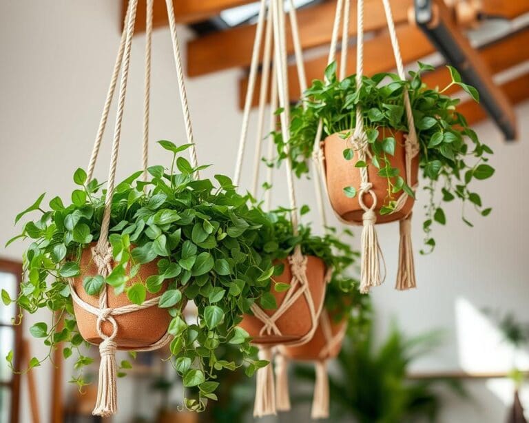 Hangende plantenpotten met decoratieve touwen