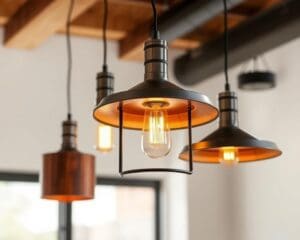 Hanglampen met een combinatie van hout en staal