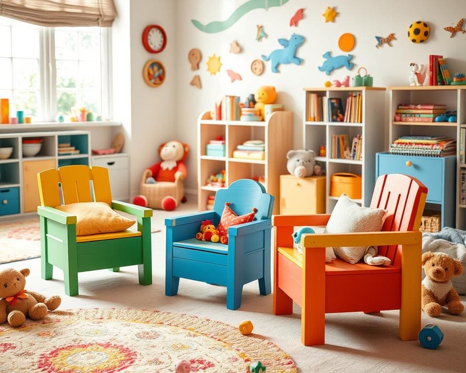 Kinderstoelen met een geïntegreerde speelgoedbak