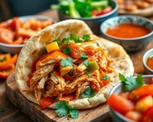 Pittige pitabroodjes met pulled chicken