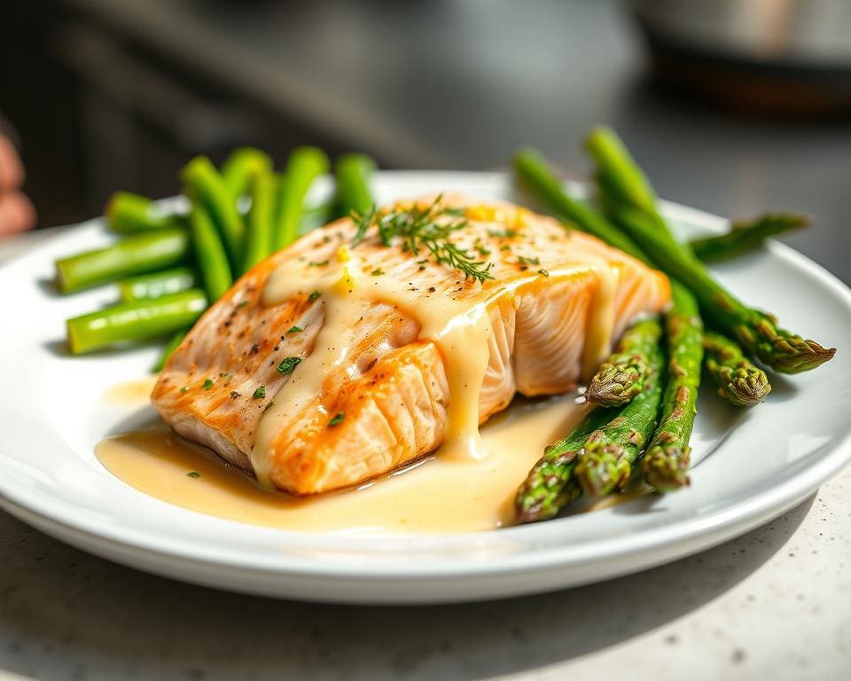 Zalm en asperges in een romige citroensaus