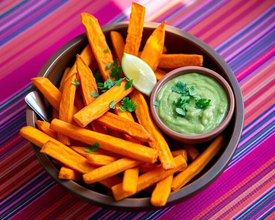 Zoete aardappelfriet met guacamole-dip