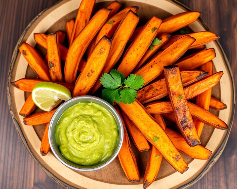 zoete aardappelfriet met guacamole-dip