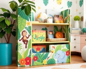 Kinderboekenrekken met een vrolijke jungleprint