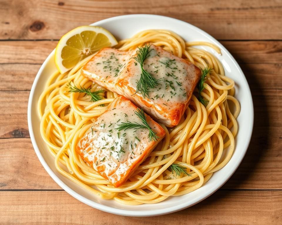 Spaghetti met zalm in een romige dillesaus