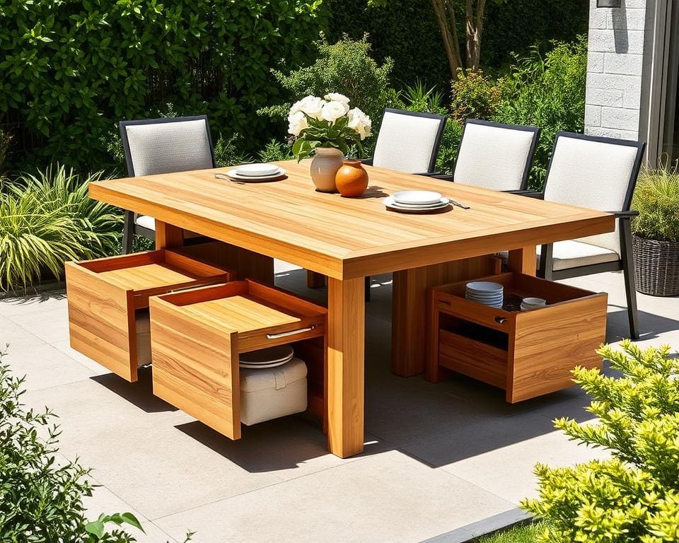 Tuintafels met ingebouwde lades voor opbergruimte