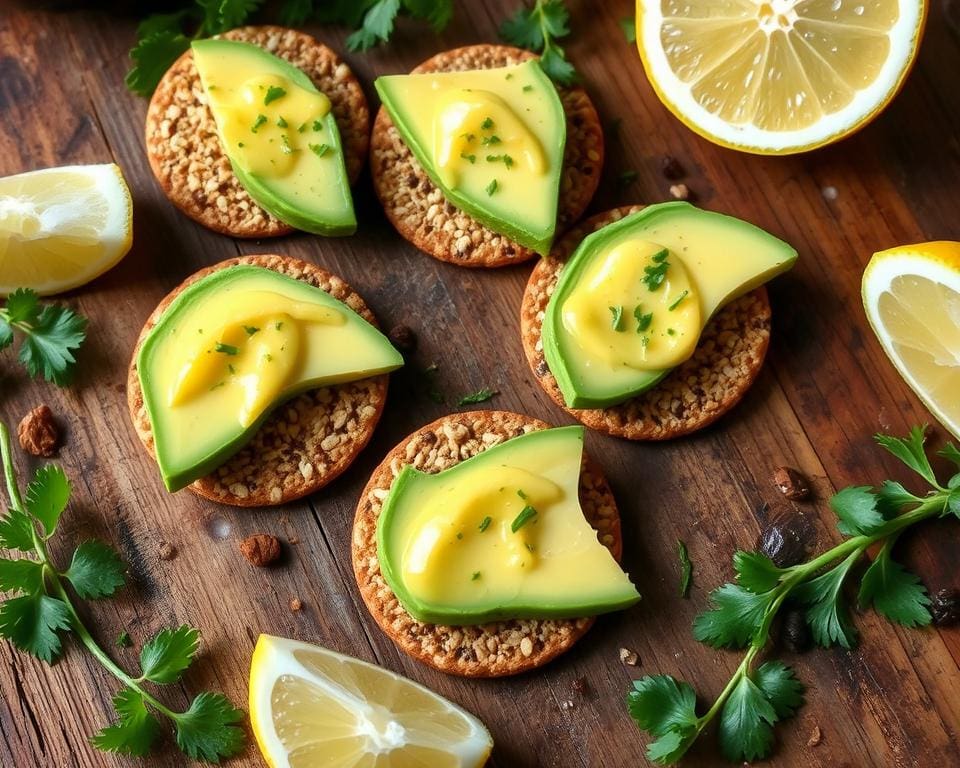Volkoren crackers met avocado en een citroendressing