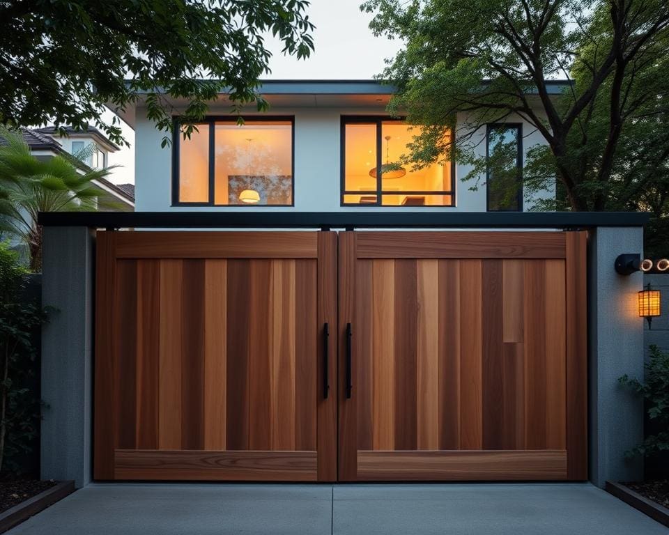 Past een houten schuifpoort bij een modern huis?